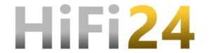 Logo HiFi24. Scritta HiFi24 argentata su sfondo nero