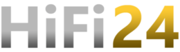 Logo HiFi24. Scritta HiFi24 argentata su sfondo nero